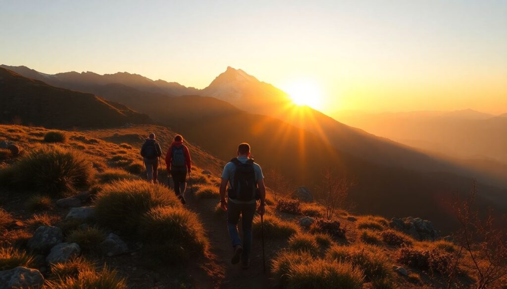 Треккинг и приключения: тропы на закате и рассвете - иллюстрация