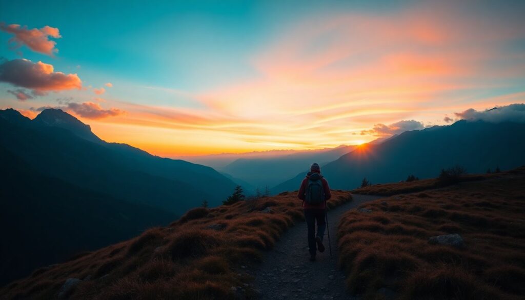 Треккинг и приключения: тропы на закате и рассвете - иллюстрация