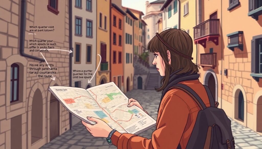 Истории маршрутов: маршруты по узким улочкам старых кварталов - иллюстрация